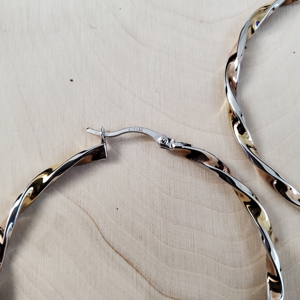 Sterling Silver 925 Two Tone Twisted Hoop Earrings - Picture 9 of 9
